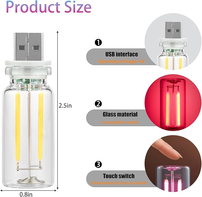 1 Pack Car LED Lights Interior, USB Light for Car Decor & Bedroom, Touch Dimmable Ambient Lighting, Mini Glass Bottle Night Light for Camping Gifts-Yellow