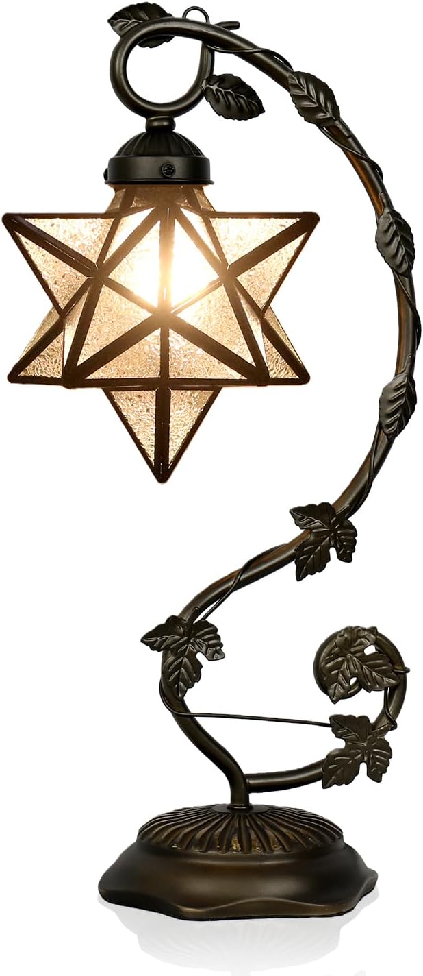 Star Glass Table Lamp, Vintage Style Table Lamp, 8x10x20 Inch – Bronze Metal Leaf Base Tiffany Lamp for Bedroom,Living Room,Study