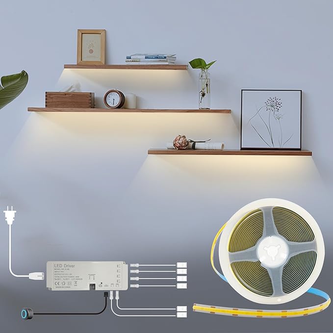 HAMRVL Shelf Lights, 16.4ft 12V COB LED Strip Light with Dimmer and Transformer, Dimmable LED Strip Lights for Bookcase, Cuttable 4000K Natural White Tape Lights for Kitchen Cabinet, Counter Shelf