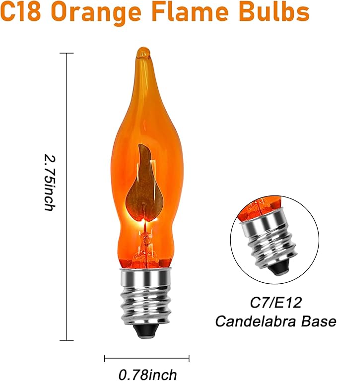 12 Pack Flicker Flame Light Bulbs, C18 Halloween Orange Flame Replacement Bulbs E12 Candelabra Base Light Bulbs for Electric Window Candles Halloween Indoor Outdoor String Lights , 1 Watt, 120 Volts