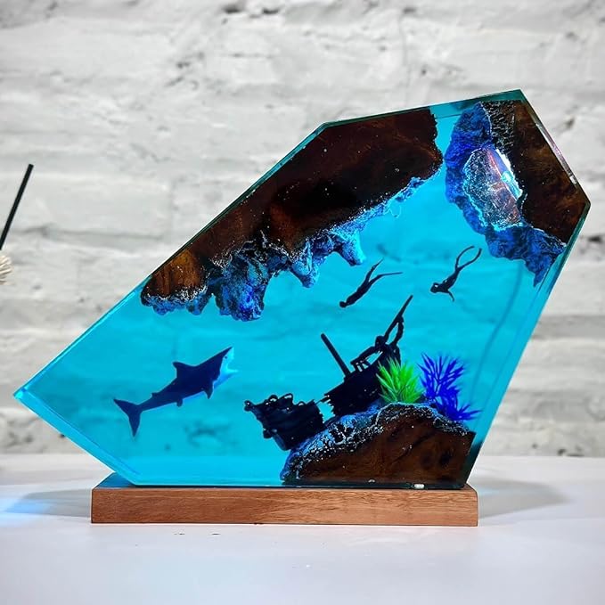 Shark Ocean Resin Lamp, Handmade Resin Night Light for Home Office Decor, Multi-Color LED Light with USB Port, Shark Gifts for Women & Men, Birthday Holiday Marine Biology Gifts for Kids (10"x6")