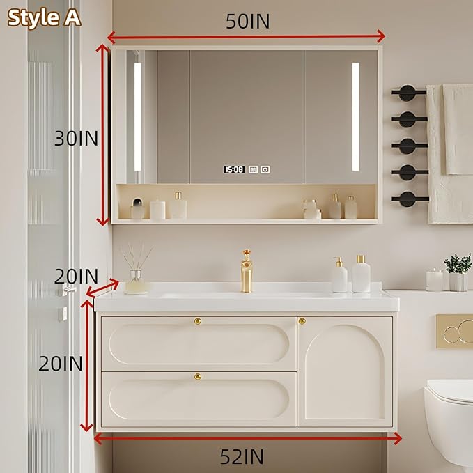 52IN Creamy White Floating Bathroom Vanities - Bathroom Vanity with Open Style Storage Shelf | Intelligent Mirror with Time Display has Defogging & Lighting, Water Blocking Edge, 2 Drawers (Style A)