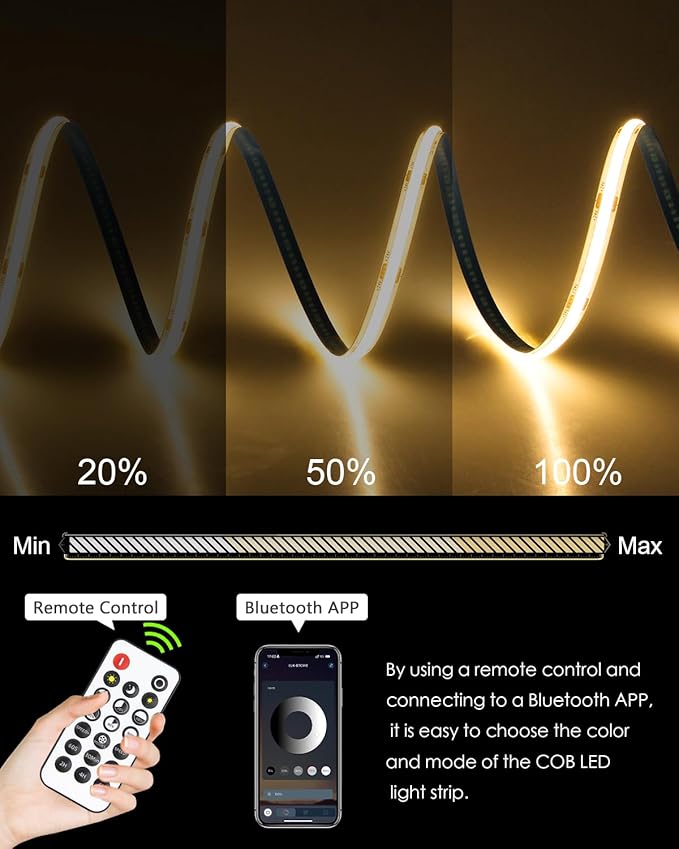 131.2FT 24V COB Led Strip Lights 3000K with Dam-Process Dimmable LED Light Strips with Remote Warm White 480LED/M Bright Flexible COB LED Tape Light for Bedroom Cabinet Stairs Corridor(40M/2roll)