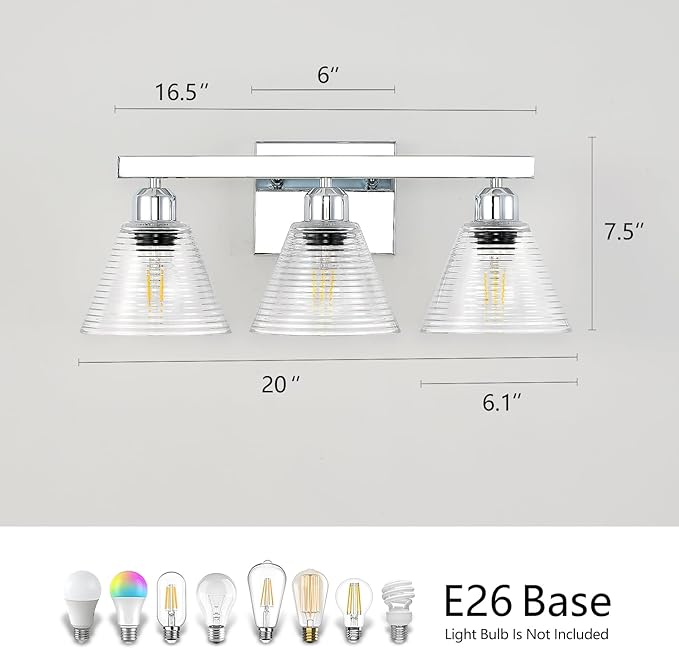 3-Light Modern Bathroom Vanity Lights, Nickel Bathroom Light Fixtures with Clear Glass Shade, Farmhouse Wall Sconces for Mirror Kitchen Bedroom Living Room
