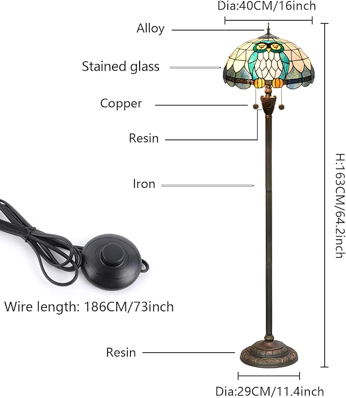 Tiffany Floor Lamp Owl Animal Stained Glass lamp for Living Room Bedroom Office Bright Lighting Rustic Corner Decor Standing Tall Unique Vintage Reading Aesthetic Light