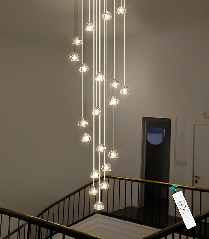 LED Glam Chandelier 138 inches Long Light Luxury Crystal Ceiling Chandeliers Remote Dimmable High Ceiling Pendants Lighting Fixtures Gold 20 Lights
