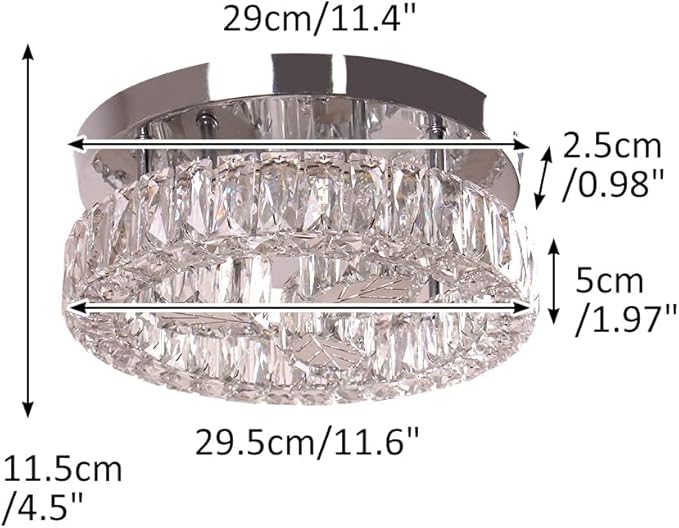 Finktonglan 10.6" LED Crystal Chandelier - Semi-Embedded Ceiling Light with K9 Crystals, Dimmable Light, Stainless Steel, 120V for Living Room, Dining Room, Kitchen, Bedroom, Hallway