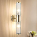Modern Vanity Light Fixture, Brushed Bronze Wall Sconce with Glass Rod Shades, Double Socket E12 Candelabra Base for Bathroom Mirror Lighting (Bulbs Not Included)