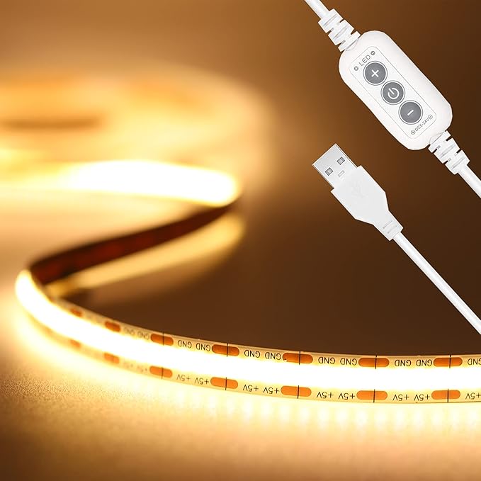 PAUTIX COB LED Strip Lights 5V USB Powered Dotless Super Bright Dimmable LED Lights 3000K Warm White 6.56ft TV Backlights,Flexible 3M Adhesive Under Cabinet Light for Bedroom,Kitchen,Shelf Lighting