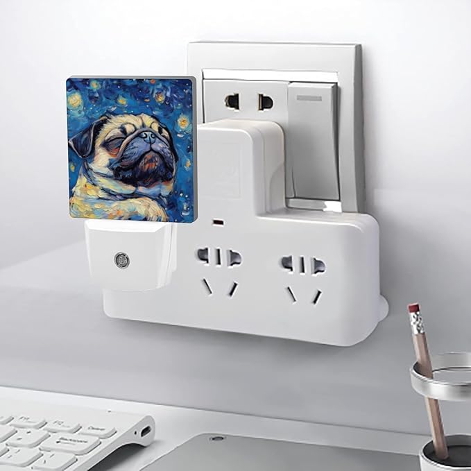 LED Night Lights Plug into Wall,Starry Night Snoring Pug Decorative Night Lights Plug into Wall with Auto Light Sensor for Boys Girls Bedroom Decorative Nightlight Led Lamp