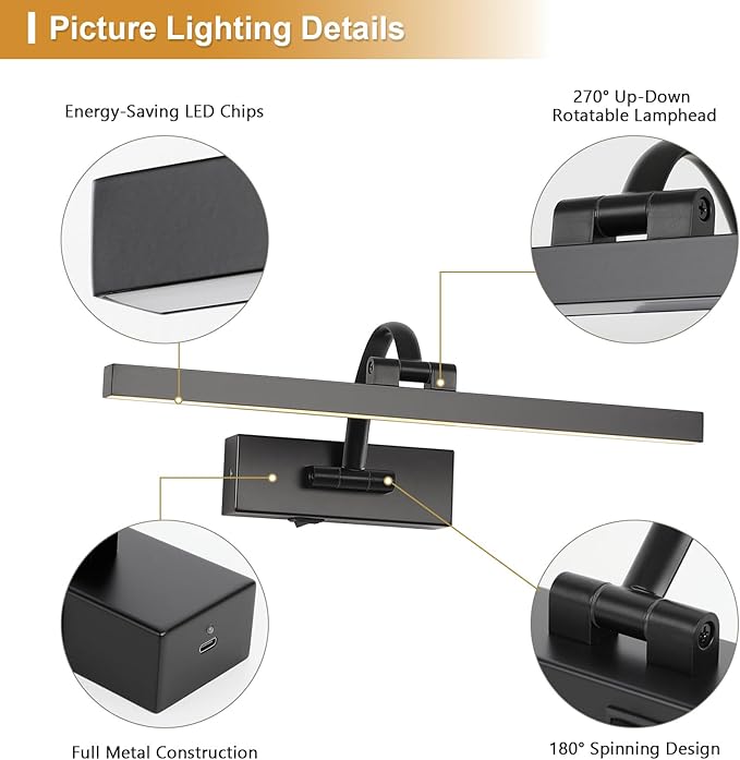 Wireless Picture Lights for Wall Battery Operated Art Lighting for Paintings Rechargeable Gallery Lights with Remote and Timer Cordless Painting Lights for Artwork, 16'' Inch 3CCT Dimmable, Black