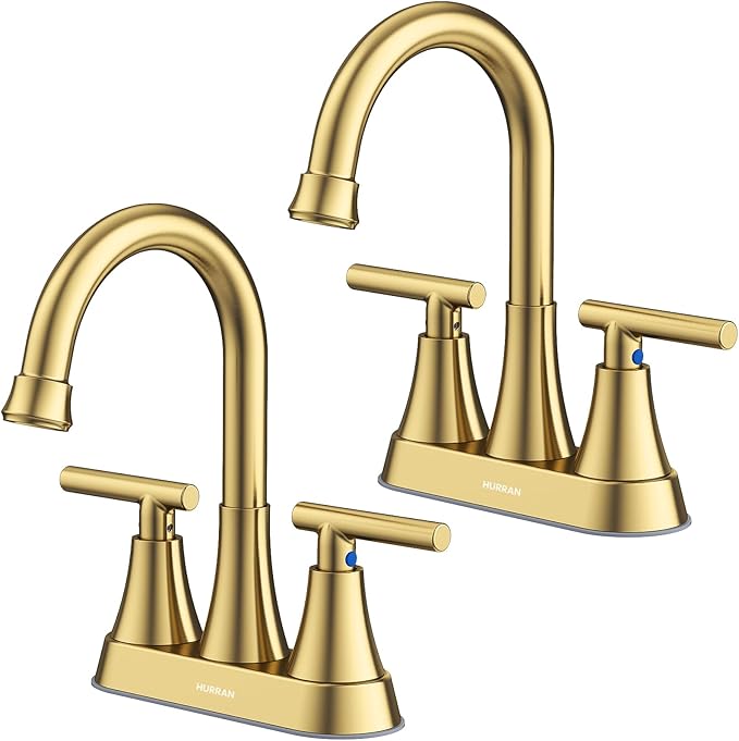 Bathroom Faucets for Sink 3 Hole, Hurran 4 inch Brushed Gold Bathroom Sink Faucet with Pop-up Drain and Supply Hoses, Stainless Steel Lead-Free Centerset Faucet for Vanity RV, 2 Pack