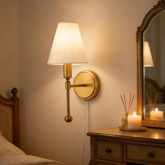 Plug in Dimmable Wall Lamp,Plug-in or Hardwired Installation Wall Sconce with Beige Fabric Shade for Wall Painting,Modern Living Room, Bedroom, Hallway,Led Bulbs Included-(Copper Color)