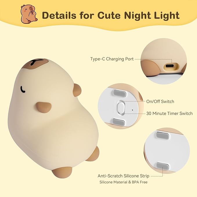 Cute Capybara Night Light for Kids, 3-Level Dimmable Nursery Nightlight, Silicone Squishy Light Up Gifts, Rechargeable Bedside Touch Lamp for Breastfeeding Toddler Baby Kids Decor