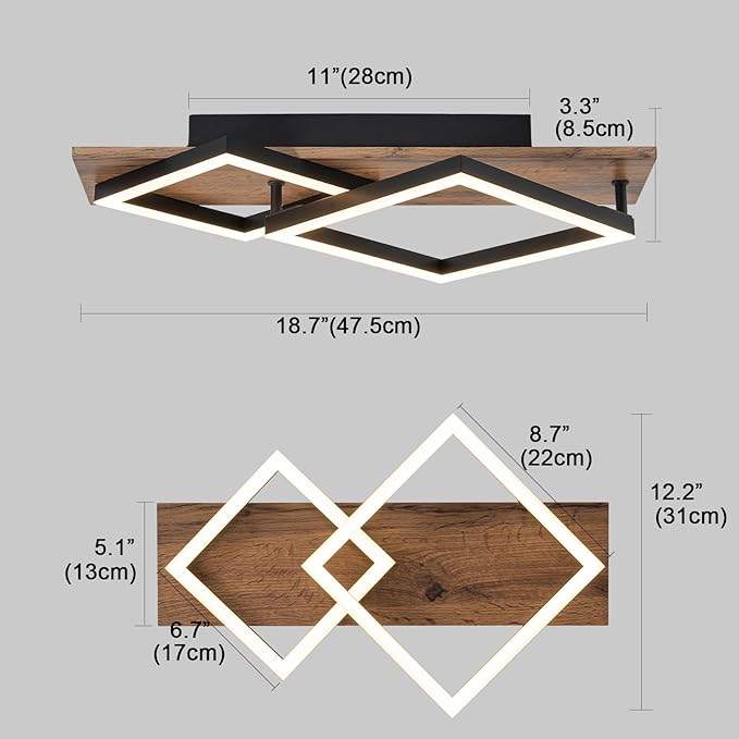 EDISLIVE Modern Wood LED Ceiling Light Square 18.7in Flush Mount Lighting Fixture 24W 3000K Kitchen Ceiling Lights for Bedroom Living Room Kitchen Hallways