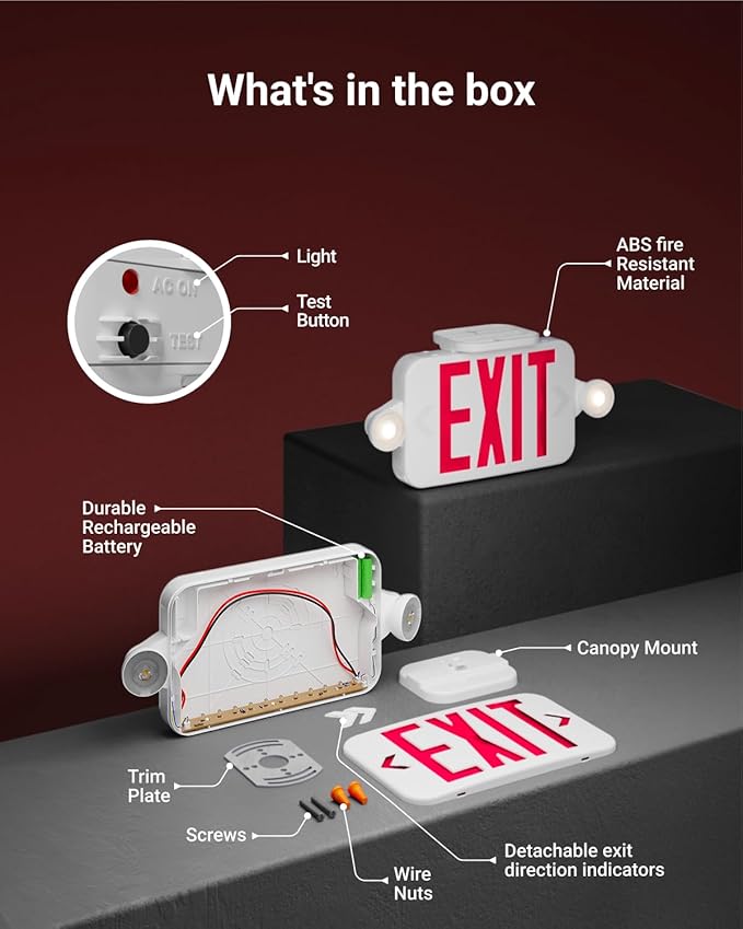 Sunco 18 Pack LED Exit Sign With Emergency Lights, Red, Two Mini Adjustable Lights, 94V-0 Fire Resistant, Backup Battery, 2.3W 6000K Daylight Deluxe, 200 Lumens 120-277V, Wall Or Ceiling Mount UL.