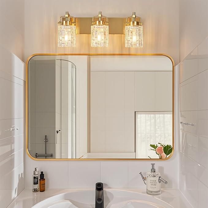 Modern 3-Light Vanity Light with Crystal Glass Shade - Gold Bathroom Light Fixture
