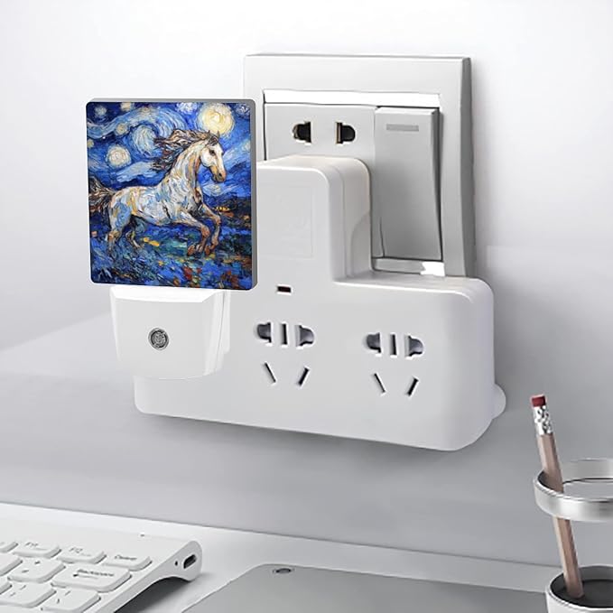 LED Night Lights Plug into Wall,Starry Night Running Horse Decorative Night Lights Plug into Wall with Auto Light Sensor for Boys Girls Bedroom Decorative Nightlight Led Lamp