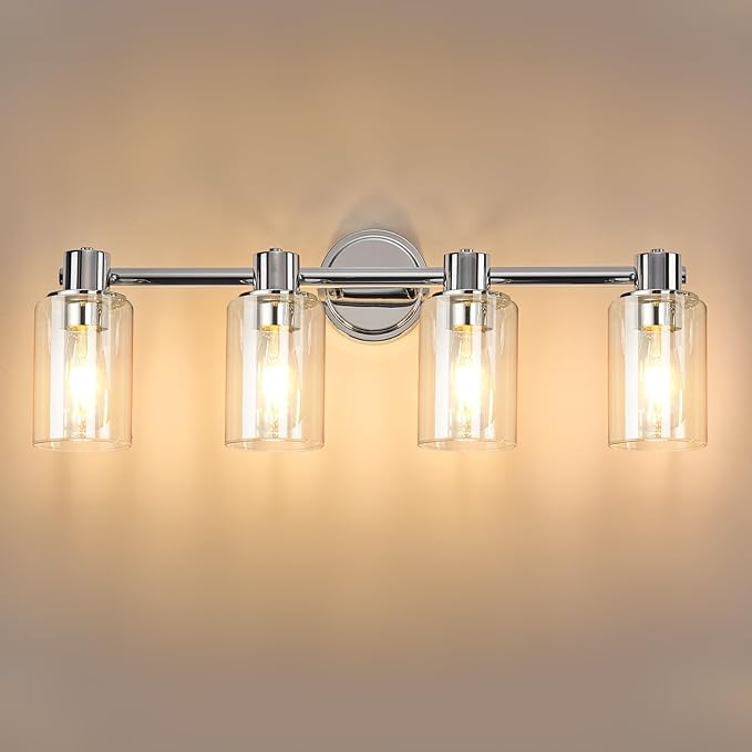 4 Light Bathroom Wall Light Fixtures Chrome Bathroom Wall Sconce with Clear Glass Lights Over Mirror Vanity Lights E26 Base