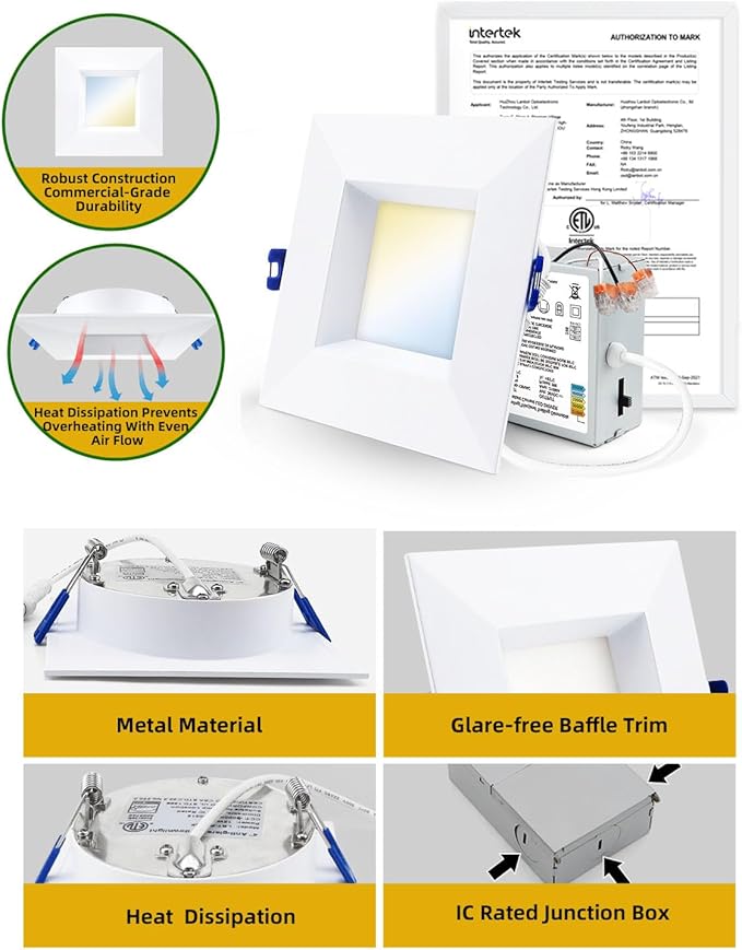 Adetu 4 Inch Anti-Glare LED Downlight,Dimmable Ceiling Light with 5CCT Reset,Selectable from 2700K to 5000K - 12W 1080LM, ETL Certified (White, 6 Pack Square)