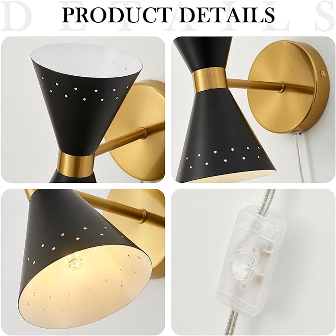 Plug in Modern Wall Scones Set of Two Contemporary Wall Lamp Matte Black and Brass Wall Lights for Bedside Hallway Vanity Stairway Fireplace Kitchen Living Room