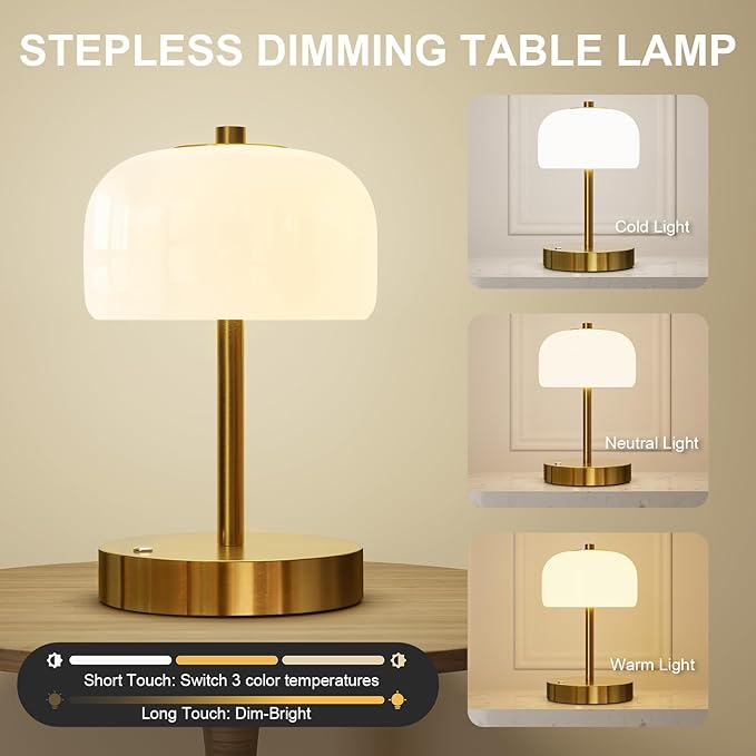 Oneach 9" Cordless Table Lamp, Gold Rechargeable Battery Operated Lamp, 3-Way Stepless Dimming Touch Lamps, Small Glass Bedside Nightstand Light for Bedroom Dining Table Living Room Shelf Decor