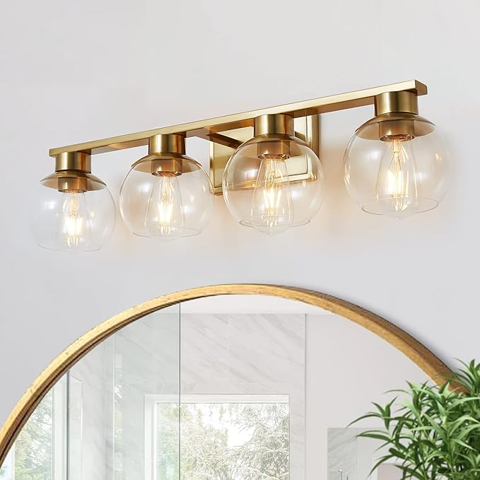 PAZALA Brushed Brass Bathroom Light Fixtures Over Mirror 4-Lights Vanity Light Wall Sconce with Globe Glass Shade, E26 Base, Perfect for Hallway Picture Wall Lighting Bathroom Bedroom Living Room
