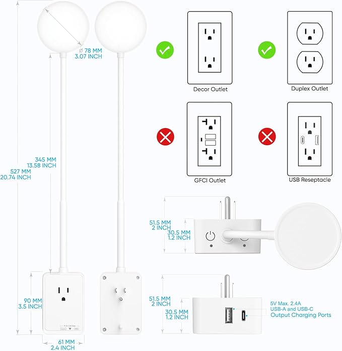 Plug in LED Bedroom Kitchen Wall Lamp, White Flexible LED Dimmable Reading Light with Power Plug Outlet Extender for Reading Books in Bed, 3 Lighting Colors, USB Output Charging Ports