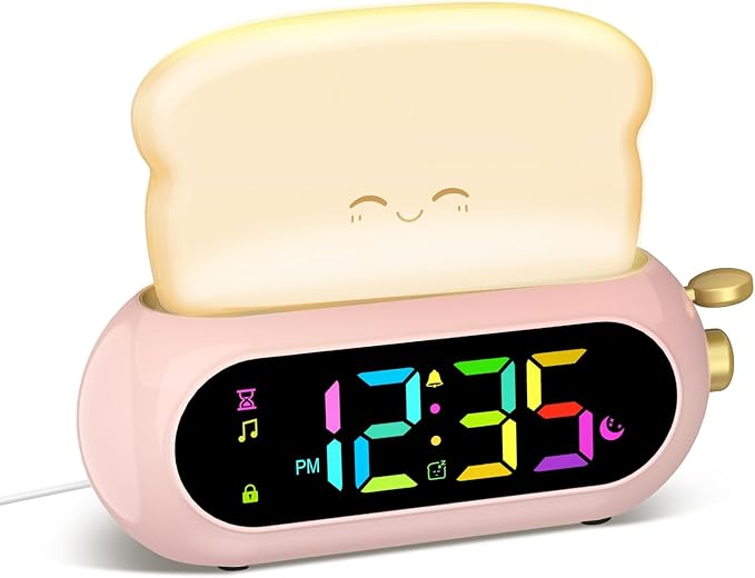 Netzu Alarm Clock for Kids, OK to Wake Clock with Night Light and Sound Machine, Pink Clock with 10 RGB Color, 6 Alarm Tones, Nap Timer, Snooze, Bedside Clocks for Girls Kids Teens Birthday Gifts