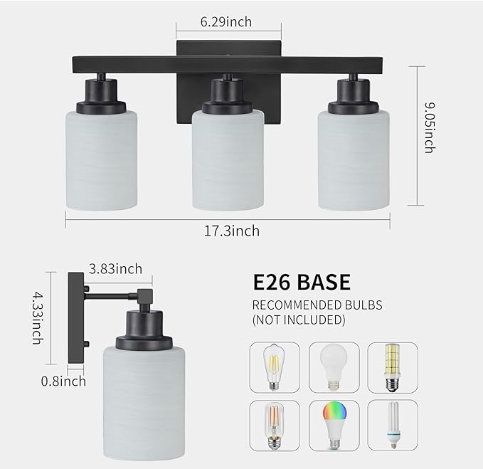 3-Light Bathroom Light Fixtures Over Mirror, Modern Matte Black Vanity Lights with White Frosted Glass Shade, Bathroom Wall Lamp Sconces for Mirror Bedroom, Living Room Hallway