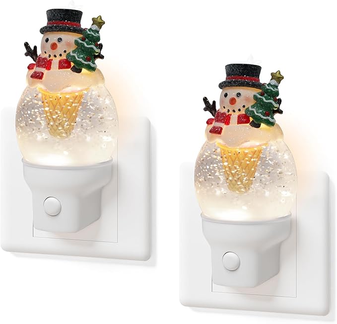 2 Pack Christmas Night Light Plug into Wall Glitter Water Nightlight with USB/Outlet Options, Christmas Snowman Ice Cream Decorative Nightlight for Holiday Decorations Gifts (Snowman Ice Cream)