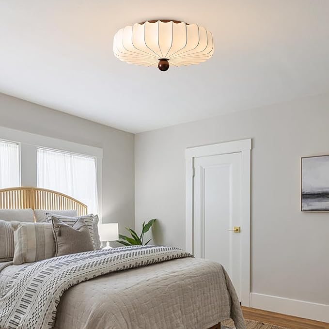 KCO Lighting Boho Large Drum Chandelier White Fabric Flush Mount Ceiling Light Japanese Silk Lantern Ceiling Light Farmhouse Hallway Light Fixtures Ceiling