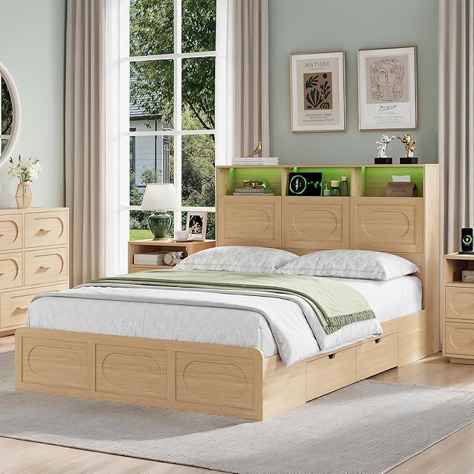 Queen Size Bed Frame with Storage Drawers, Bed Frame Queen Size with 48" Tall Storage Headboard and Charging Station, Platform Bed with LED Lights, No Box Spring Needed, Easy Assembly, Natural Oak