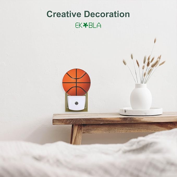 EKOBLA Basketball Night Light American Ball Sports Design Plug-in Night Lights with Dusk-to-Dawn Sensor for Bedroom Bathroom 0.5W 0.5W Sleep-Friendly for Men Boys Gift (Black Orange)