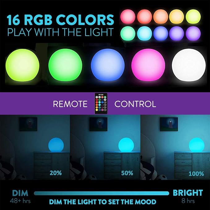 Mr.Go 16-inch Indoor/Outdoor Waterproof Rechargeable LED Glowing Ball Light Orb Globe Lamp w/Remote, 16 RGB Colors 4 Light Effects, Ideal Home Garden Pool Patio Party Ambient Decorative Lighting