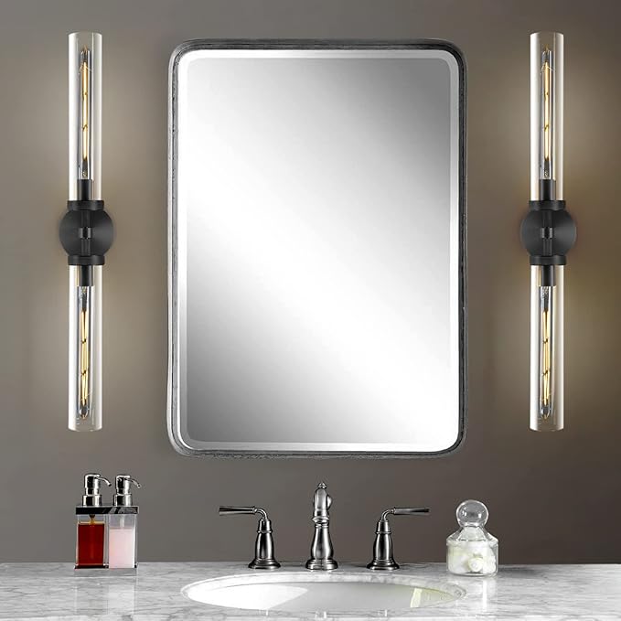 Black Wall Sconces Hardwired, 30" Bronze Wall Sconce for Bathroom, Linear Sconces Wall Lighting, 2-Light Knurled Wall Sconce Dimmable, Vanity Light with Tube Glass, Bathroom Light Fixtures over Mirror