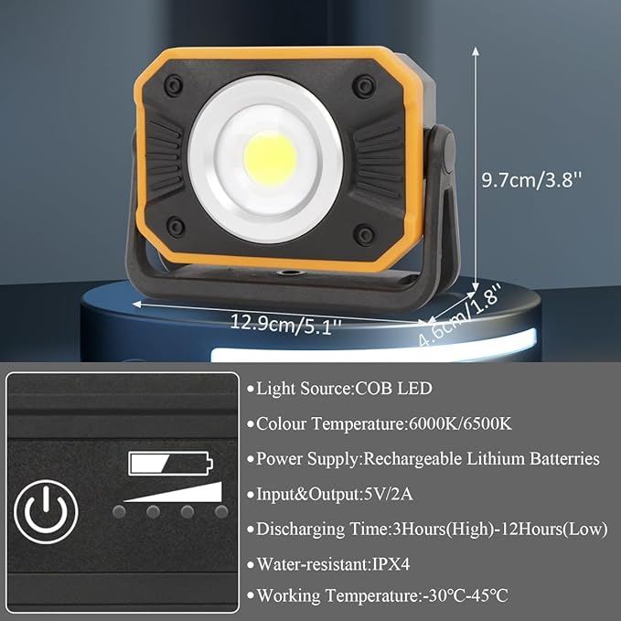 Sunzone Rechargeable LED Work Light,Portable Flood Light with Magnetic Base,Super Bright Waterproof Job Site Lighting for Camping,Hiking,Car Inspection with Emergency Mode(2 Pack)