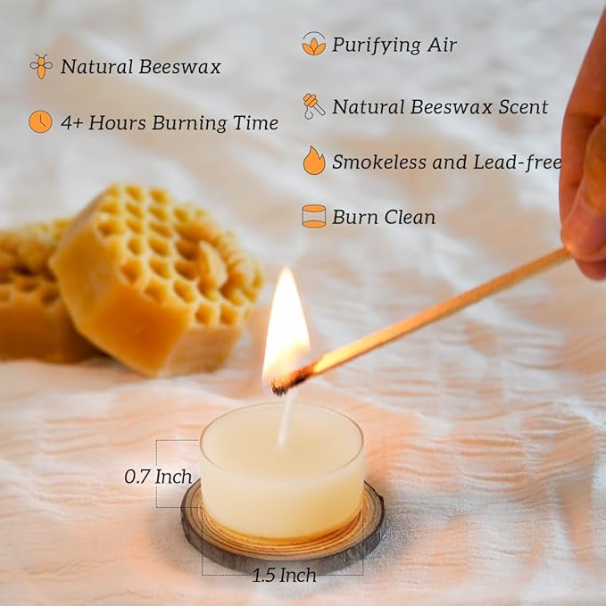 25PCS Pure White Beeswax Tealight Candles, Natural Scent, Clear Cup