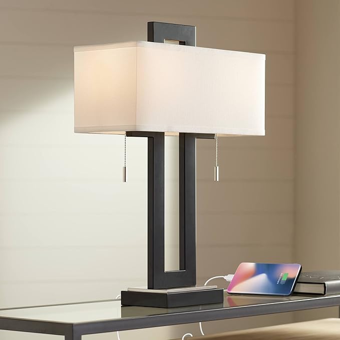 360 Lighting Neil 26" High Modern Rustic Table Lamp with USB Ports A+C Charging Black Open Metal White Fabric Rectangular Shade for Bedroom Living Room House Home Bedside Nightstand Office Family