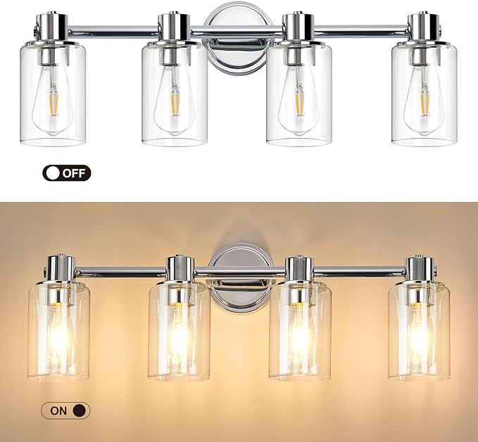 4 Light Bathroom Wall Light Fixtures Chrome Bathroom Wall Sconce with Clear Glass Lights Over Mirror Vanity Lights E26 Base