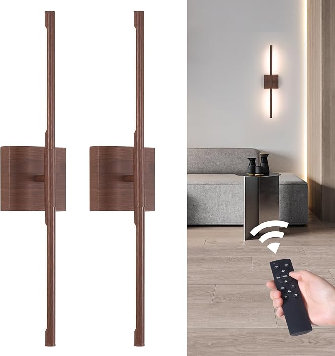 Battery Operated Wall Sconce Set of 2, 8000mAh Rechargeable Wall Sconces, 3000K-6000K Dimmable, 350°Rotate, Indoor Wall Lights for Bedroom Living Room Bathroom, Black Walnut, 23.6 Inch