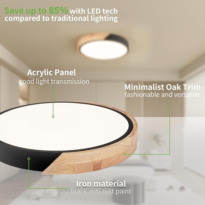 Modern LED Ceiling Light for Bedroom: Minimalist Wood Flush Mount Ceiling Light Fixture with Acrylic Lampshade - 4500K Not Dimmable Overhead Ceiling Lamps for kitchen hallway living room (11.8" Black)