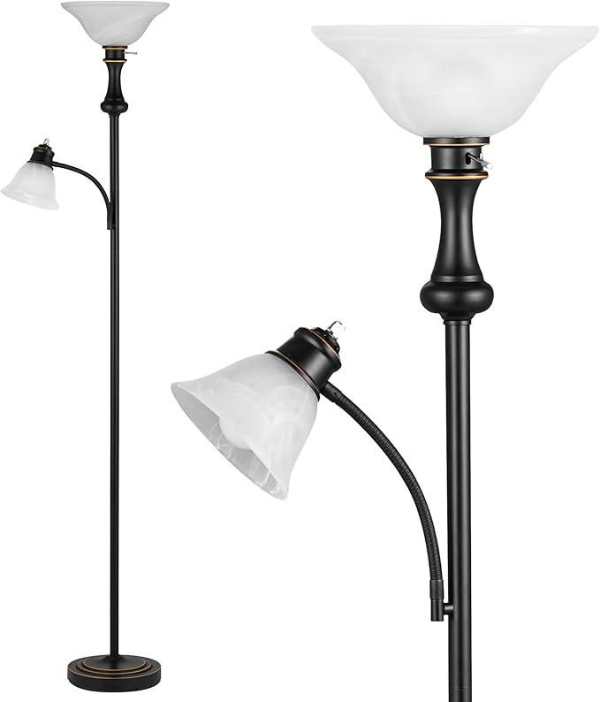71'' Torchiere Floor Lamp for Bedroom with Glass Shade, Tall Floor Lamps for Living Room with Adjustable Angle Arc Reading Light, Modern Standing Light, Knob Switch, Bulb Included, Black