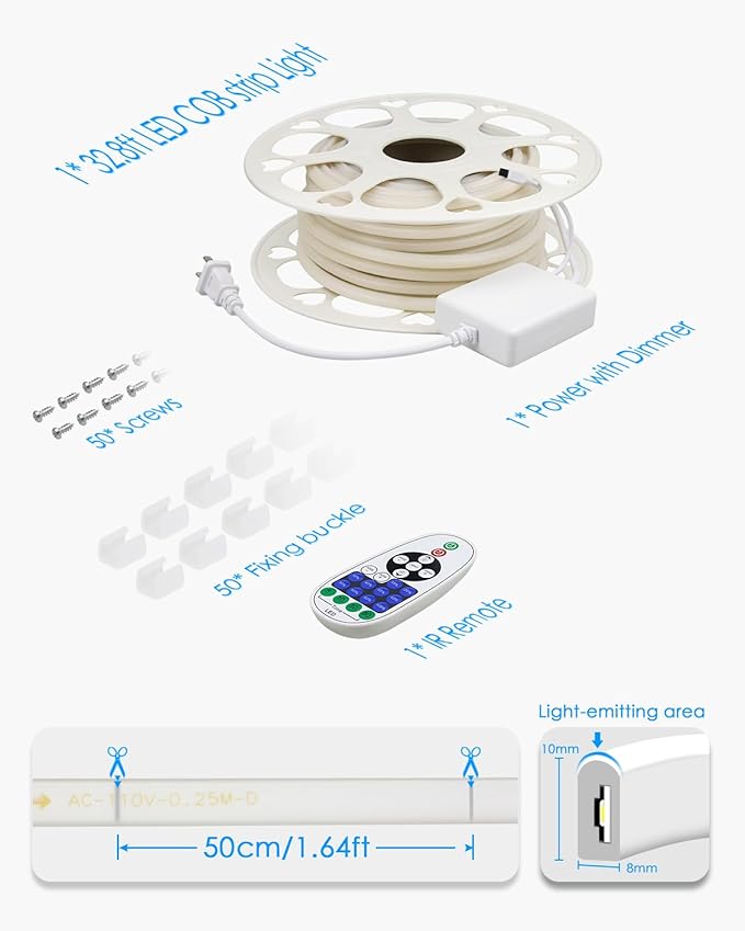 32.8FT Outdoor LED Rope Light Waterproof COB LED Strip Lights for Indoor 6000K Cold White AC 110V/120V Dimmable Connectable LED Flexible Light Strip for Indoor Garden Building Commerical Decor