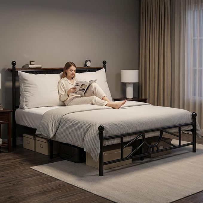 Queen Size Bed Frame Metal Platform with Headboard & LED Light, Bed Frame with Under Bed Storage/No Box Spring Needed/Noise-Free/Easy Assembly, Black