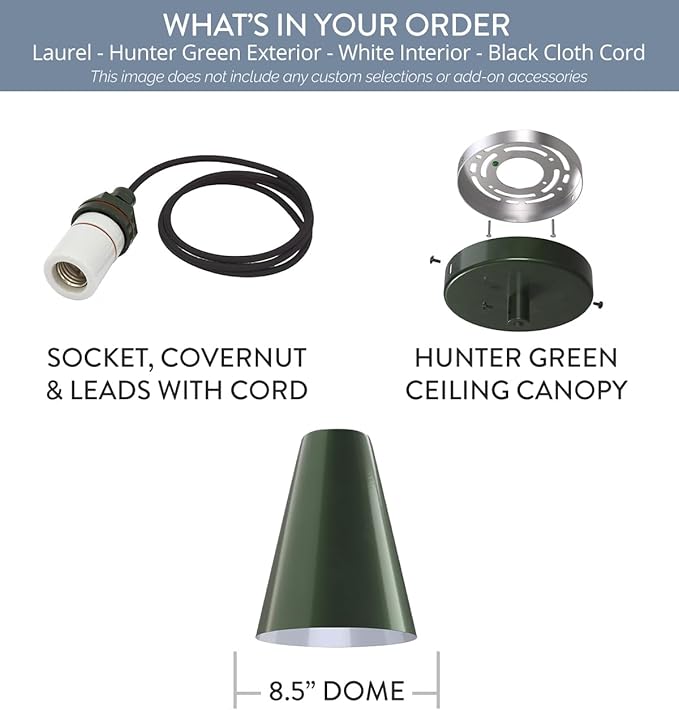 Steel Lighting Co. Laurel Pendant Light | Ceiling Mounted | 8.5 inch Cone Shade | Modern Contemporary Farmhouse Style Made in America | Black Cloth Cord | Hunter Green Exterior/White Interior
