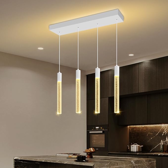 Modern 4-Light Crystal Pendant Chandelier – Rectangular Silver LED Ceiling Light with Cylindrical Crystals for Staircase, Foyer, Living Room, Hallway, Bedroom