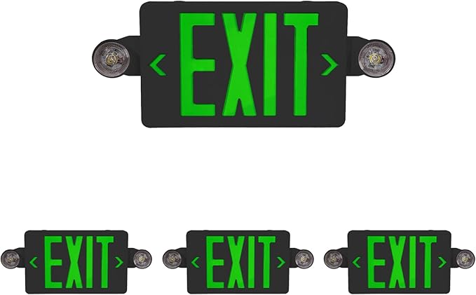 CM MZY Exit Sign with Emergency Lights, Exit Signs Light with Battery Backup,Green Emergency Lights with Black Housing, Two Adjustable Heads, Combo for Business,AC 120V/277V, UL Certified, 4 Pack