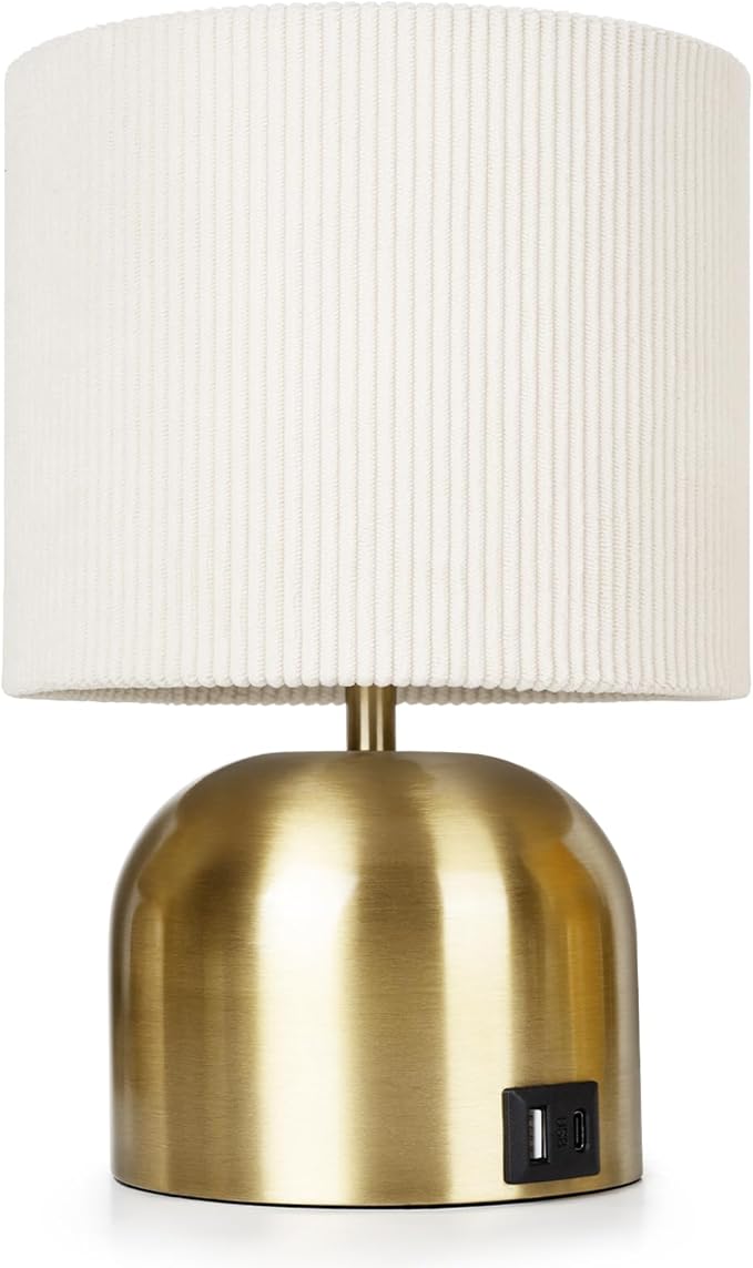 Table Lamp for Bedroom, Bedside Lamps for Nightstand, Minimalist Night Stand Light Lamp with Type-C and USB Ports, Modern Desk Table Lamp for Bedroom, Living Room, Dining Room, Office (Gold)