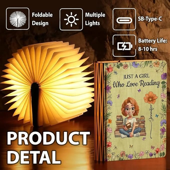 Personalized Book Lamp - Reading Lover Gift, Literary Décor Light, Cozy Night Lamp for Book Enthusiasts, Inspirational Desk Accent, Unique Collector’s Display - Just A Girl Who Love Reading